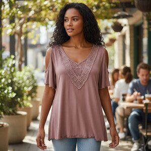 Maurices Womens 1 1X Rose Pink Embroidered Open Shoulder Super Soft Shirt Top